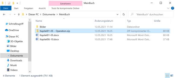 Zwischenstand: Die Datei ist kopiert und die Dateiendung in .zip geändert Screenshot Datei-Explorer mit in .zip umbenannter Word-Datei