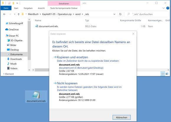 Überschreiben Sie die vorhandene Datei mit jener, in der Sie die Verknüpfungslinks ersetzt haben Screenshot Kopieren-Dialog im Datei-Explorer