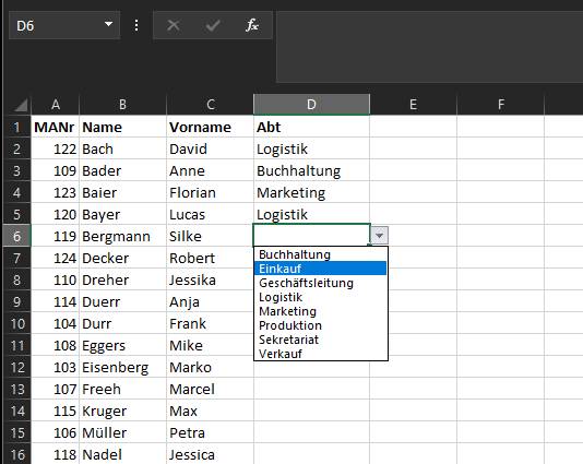 Einträge aus einem Dropdown-Menü auswählen Mitarbeiter-Liste in Excel, mit Dropdown-Menü in der Spalte Abteilung