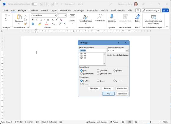 Word-Screenshot zeigt die etwas neben der Spur liegenden Tab-Stopps 