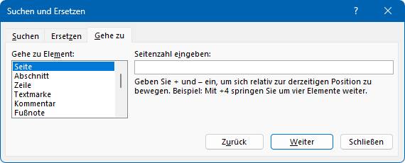 Im Gehe-zu-Fenster könnten Sie eine Seiten-, Abschnitts- oder Zeilenzahl eingeben, um direkt zur entsprechenden Stelle zu springen Das Gehe-zu-Fenster