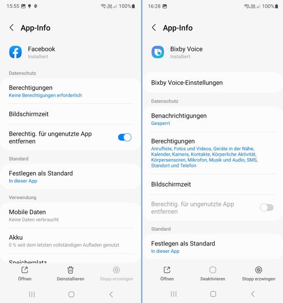 Links: App deinstallieren, rechts: App deaktivieren