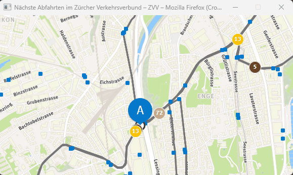 Im gewählten Ausschnitt bewegen sich die Trams und Busse Animiertes GIF zeigt angehefteten Karten-Ausschnitt, auf dem sich die Nummern der Trams und Busse bewegen
