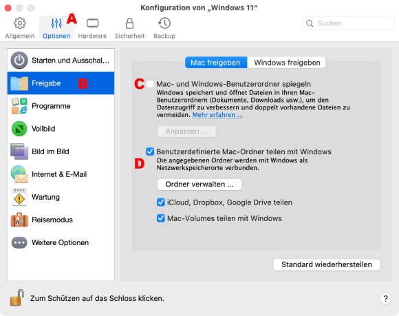 Bild 5: Die Ordner der Mac-Umgebung lassen sich beliebig ein- oder ausschliessen