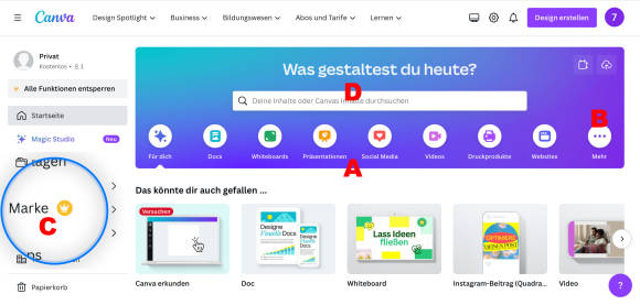Bild 1: Die Arbeit mit Canva spielt sich komplett im Webbrowser ab; dessen ungeachtet ist der Funktionsumfang erschlagend