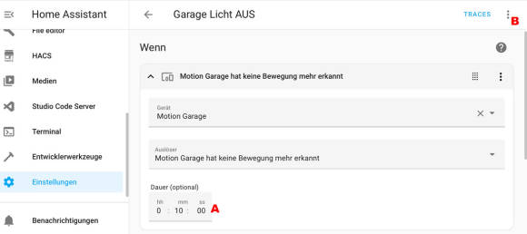 Bild 8: Eine Automation im Detail: Das Meiste davon wird von HA automatisch zur Verfügung gestellt, etwa der Timer