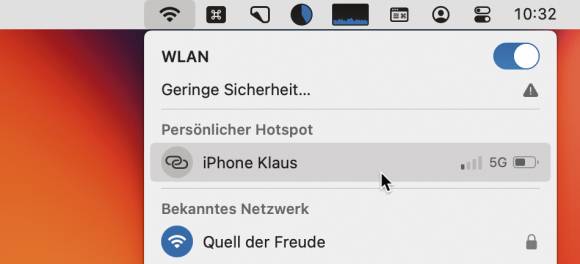 Bild 5: Das iPhone unter derselben Apple-ID taucht automatisch im Wi-Fi-Menü auf