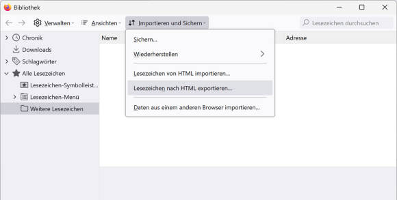 Bild 5: Alternativ exportieren Sie Ihre Lesezeichen im flexiblen HTML-Format