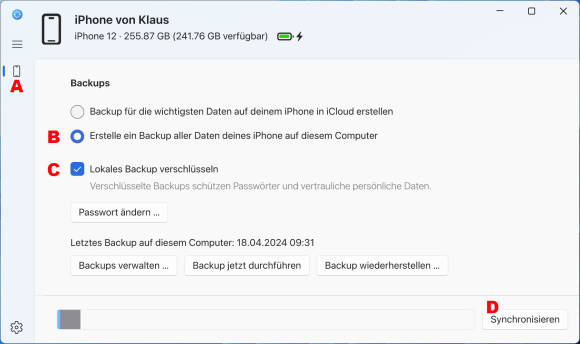 Bild 1: Die Erstellung verschlüsselter Backups ist die Kernfunktionalität von «Apple-Geräte»