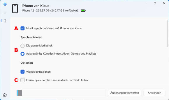 Bild 3: Bei der Musik lassen sich die ganze Bibliothek oder einzelne Alben sichern; in jedem Fall wird die Musik-Anwendung von Apple benötigt