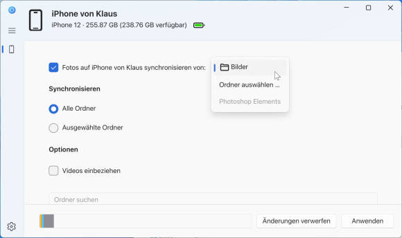 Bild 4: Fotos werden aus einem Ordner am PC mit dem iPhone synchronisiert; aber leider schaffen es die bestehenden Aufnahmen vom iPhone nicht zurück auf den Rechner
