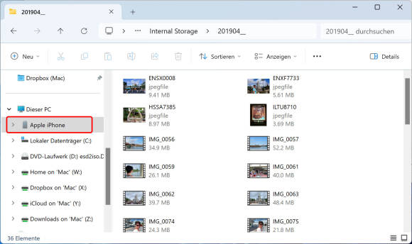 Bild 5: Auch ohne Hilfsprogramme lassen sich Fotos im Windows-Explorer direkt aus dem iPhone auf den PC laden