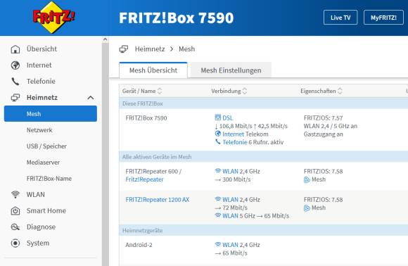 Bild 7: Die übersichtliche Verwaltungsoberfläche der Fritz!Box informiert Sie über eingerichtete Mesh-Repeater