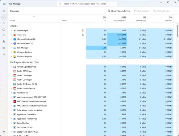 Bild 1: Der Task-Manager von Windows informiert über den Ressourcenverbrauch