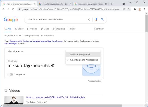 Google-Aussprachehilfe mit Umschaltung britisch/amerikanisch